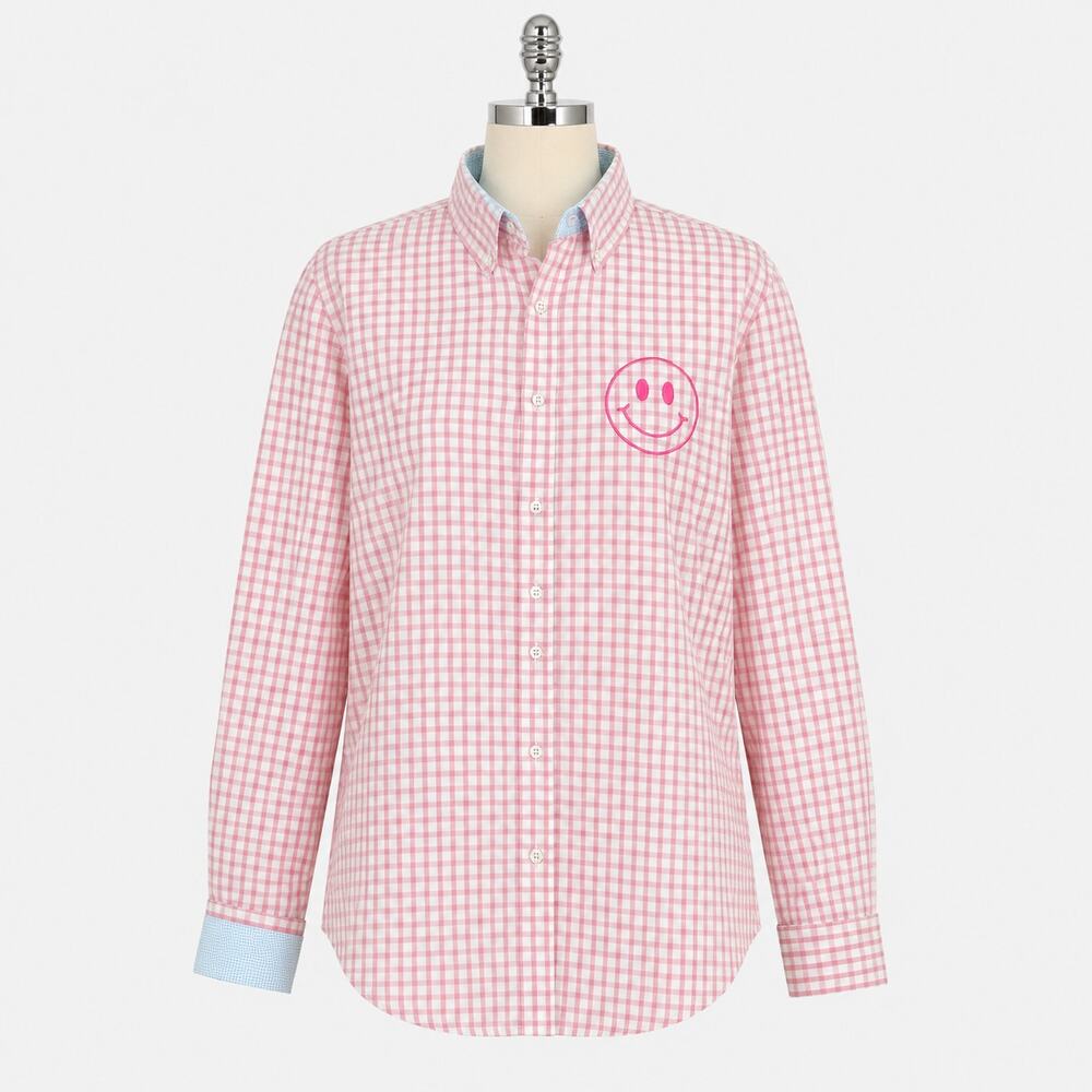 Pink Gingham Smiley Face Button Front Shirt Women's XL Cotton Long Sleeve